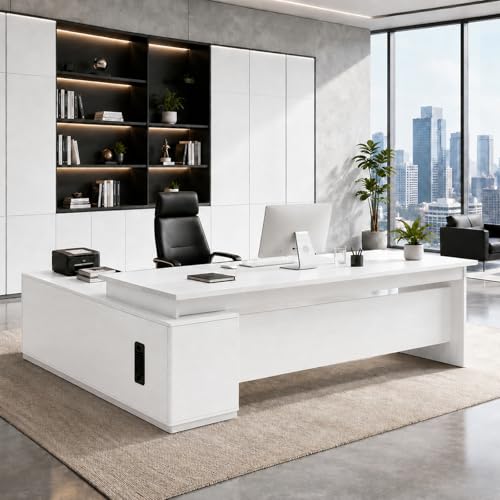 Executive Desk with Storage Cabinet, Modern Office Desk with Side Credenza, Large Manager Desk Workstation for Home Office Business, Durable Wood Desk with Cable Management - color: A, size: 74.8*31.5*29.5in