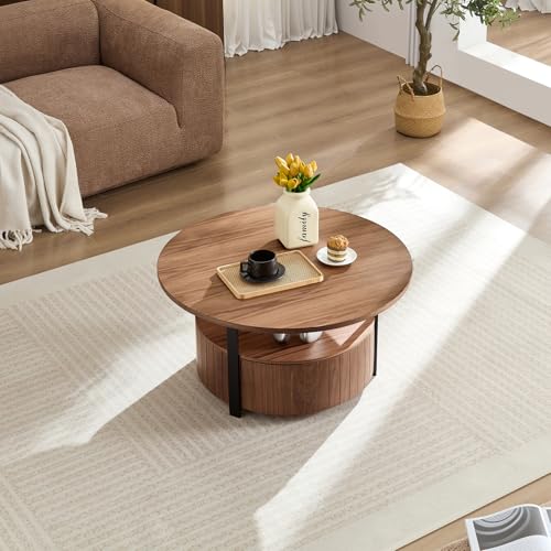 33 Inch Round Wood Coffee Table with Storage, Fluted Coffee Tables with 2 Tiers, Mid-Century Modern Center Table with a Single Drawer for Living Room - color: 33.07" 2 Tier-walnut