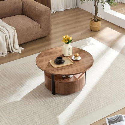 33 Inch Round Wood Coffee Table with Storage, Fluted Coffee Tables with 2 Tiers, Mid-Century Modern Center Table with a Single Drawer for Living Room - color: 33.07" 2 Tier-walnut