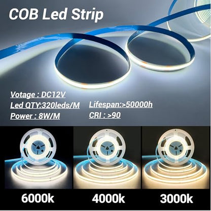 HAMRVL Shelf Lights 12V COB LED Strip Lights, 16.4ft 3000k Plug-in DIY Cut to Size Warm White LED Strip Lights, Dimmable Under Shelf Lighting for Book Shelf, Display Case, Wardrobes, Cabinets, Pantry - color: Warm White 3000k, size: 1 to 6/16.4ft