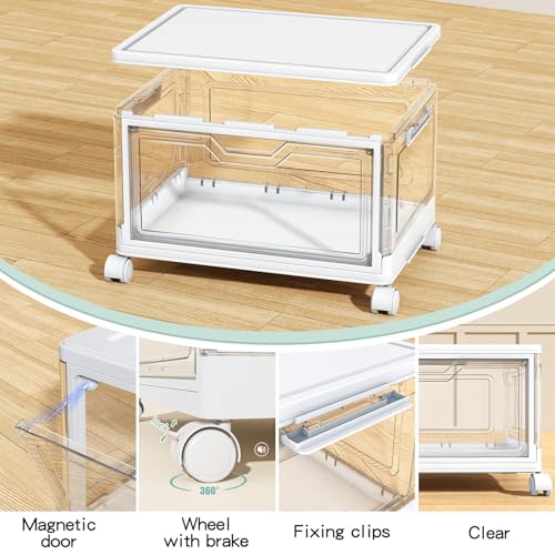 Kmiectse Clear Storage Bins with Lids - 4 Tier 23qt Plastic Stackable Bins | Closet Organizers Box for Bedroom, Living Room, 23 QT Folding Box with Magnetic door - size: 23QT-4Pack&1Lid