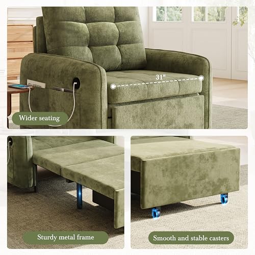 3-in-1 Convertible Sleeper Chair Bed, Multi-Functional Chenille Single Sofa Bed with Storage Pockets and Box, 80" Extra Long Pull Out Sleeping Lounge Chair for Living Room & Apartment (Green,35) - color: Green,35