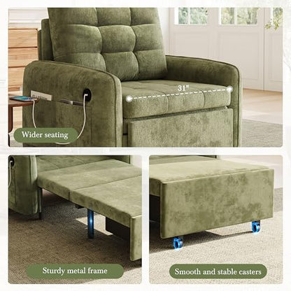 3-in-1 Convertible Sleeper Chair Bed, Multi-Functional Chenille Single Sofa Bed with Storage Pockets and Box, 80" Extra Long Pull Out Sleeping Lounge Chair for Living Room & Apartment (Green,35) - color: Green,35