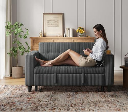 LINSY 54" Pull Out Couch with Charging Station - Sleeper Sofa Bed with Cup Holder, Small 3 in 1 Convertible Loveseat Sleeper Couch for Apartment, Dorm Room, Bedroom and Small Space, Dark Gray - color: Charcoal