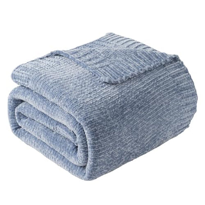 BATTILO HOME Blue Grey Chenille Throw Blanket for Couch, 51"x67" | Shiny Chenille Blanket, Blue Knit throw Blanket, Soft & Breathable, Summer Throw for Couch, Bed & Sofa - color: Bluish Grey