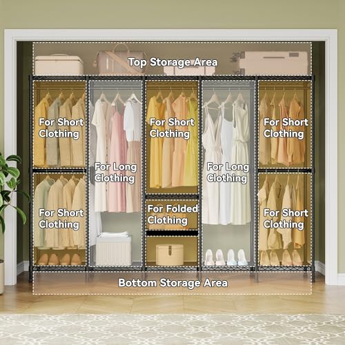 Higeego H5 Heavy Duty Clothes Rack, Black Clothing Rack for Hanging Clothes | 93.3"Wx15.7"Dx75.4"H, Large Garment Rack, Freestanding, Wardrobe Closet with Adjustable Shelf, Load 1400 lbs - color: Black
