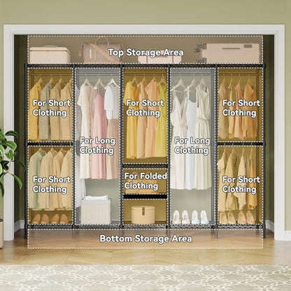 Higeego H5 Heavy Duty Clothes Rack, Black Clothing Rack for Hanging Clothes | 93.3"Wx15.7"Dx75.4"H, Large Garment Rack, Freestanding, Wardrobe Closet with Adjustable Shelf, Load 1400 lbs - color: Black