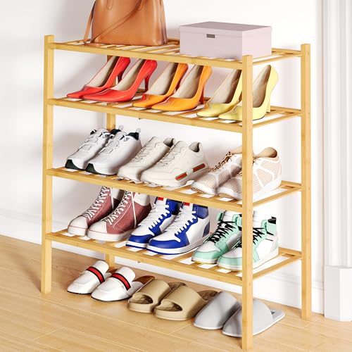 Smiry Bamboo Shoe Rack, 12 Vertical Slats, 4 Tier - 26.8" Wide, Natural | Stackable Free Standing Wooden Shoe Organizer, Wood Shoe Storage Shelf for Closet, Entryway - color: Natural, size: 26.80" Wide - 4 Tier - Regular