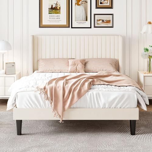 SHA CERLIN Queen Size Velvet Bed Frame, Tufted Wingback Headboard, Cream | 47'' Modern Vertical Channel Headboard, Upholstered Platform Bed, Wood Slats, No Box Spring Needed, Easy Assembly, Noise Free - color: Cream White, size: Queen