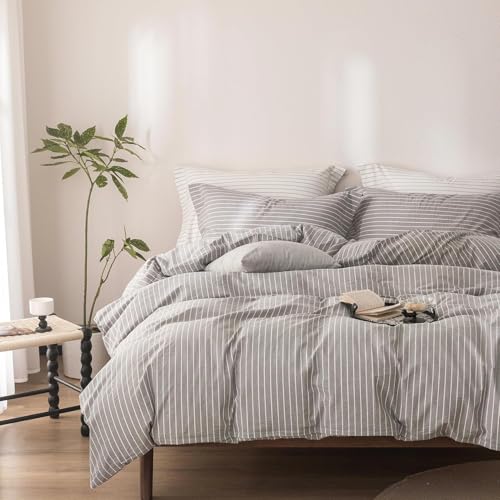 2Pcs Grey White Striped Twin Duvet Cover Set Washed Cotton | Linen Feel Striped,1 Duvet Cover & 1 Pillow Shams,Hidden Zipper,Soft Breathable,Lightweight,8 Corner Ties - color: Grey White Stripe-no Comforter, size: Twin (90"x68")