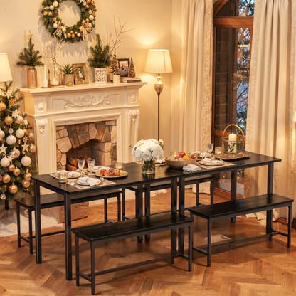 Dining Table Set for 4, Kitchen Table with 2 Benchs, Black | Modern Functional 3 Piece Space-Saving Dining Room Table Set for Apartment, Breakfast Nook, Small Space - color: Black