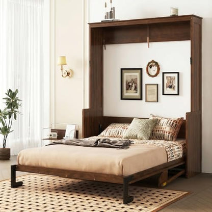SOFTSEA Queen Size Murphy Wall Bed Frame with Desk, Walnut | Space-Saving Hidden Wall Bed with Desk, Gas Struts, Vertical Murphy Bed Cabinet for Guest Room Home Office - color: Walnut