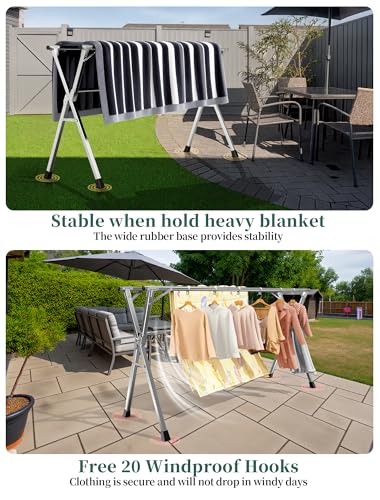 Folding Stainless Steel Laundry Drying Rack 95 Inches | Heavy-duty stainless steel, Foldable & Retractable, Holds up to 150 lbs, Includes 20 windproof hooks for indoor & outdoor use - size: 95''