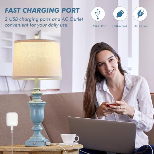 SAIWEYA 27.5" Set of 2 Farmhouse Table Lamps for Bedroom, 3 Way Dimmable Bedside Lamp with 2 USB +AC Outlet Nightstand Lamps for Living Room Resin Rustic Touch Lamps - color: Antique Blue-27.5in
