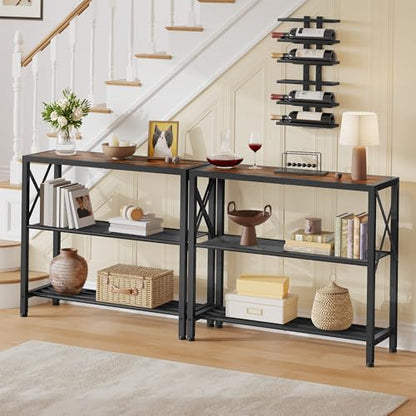 Hoctieon Set of 2 Industrial Console Table, 3 Tier Entryway Table, Metal Frame, Sofa Table with Shelf, Hallway Table, Entrance Table for Entryway, Living Room, Foyer, Hallway, Rustic Brown&Black - color: Rustic Brown, size: 2 Pack