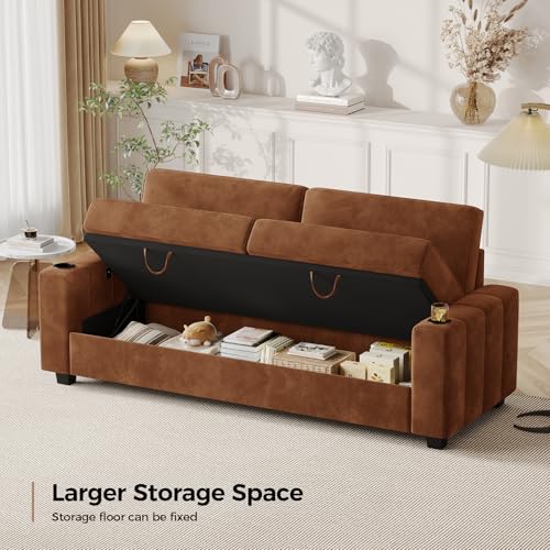 COPIAE Loveseat Sofa, Larger Couch Velvet Fabric with Storage, Charging Ports, Heightened Backrests, Removable Cover Modern Comfy Couches Easy Assembly for Living Room, 88 Inch Brown - color: Brown