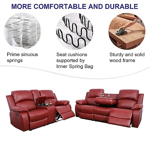 A Ainehome Living Room Furniture Set Leather Recliner Sofa Set Loveseat Chair Furniture Sofa Set for Living Room/Small Space/Rv/House/Office/Theater Seating (A-Red Leather, Sofa+Loveseat) - color: A-red Leather, size: Sofa+Loveseat