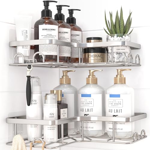 Sakugi Corner Shower Caddy - 2 Pack, Adhesive Shower Organizers, Rustproof Stainless Steel Shower Shelves with 8 Hooks, No Drilling Bathroom Organizers and Storage Racks, Space-Saving, Silver, Medium - color: Silver, size: Medium