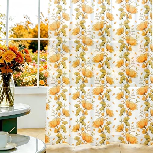youleyar Fall Sheer Curtains for Living Room 63 Inches Long 2 Panels | Orange Semi-Sheer Curtain with Ginkgo Printed Pattern Fall Rod Pocket Voile Drapes for Bedroom, 52" W x 63" L - color: Flall - Ginkgo, size: 52"W x 63"L (Pack of 2)
