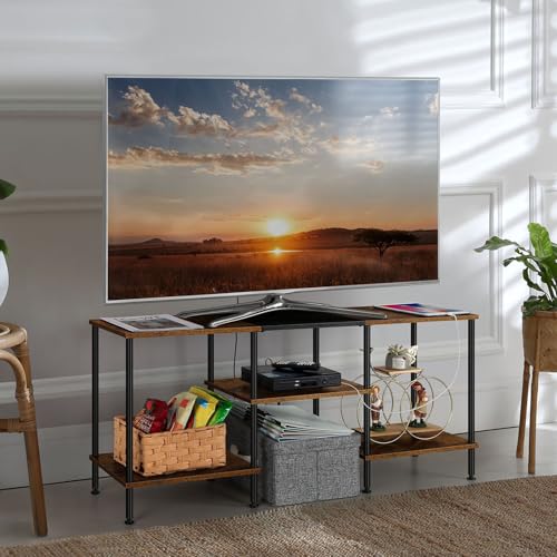 OYEAL Small TV Stand for Bedroom up to 50 inch Farmhouse TV Media Entertainment Center with Power Outlets & Storage Shelf Rustic TV Console Table for Living Room, Rustic Brown - color: Rustic Brown