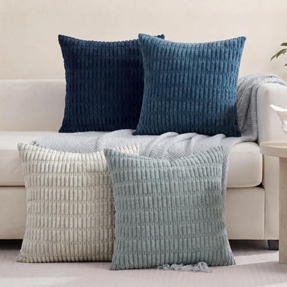 Softalker Throw Pillow Covers 18x18 Inch, Set of 4, Corduroy Soft Striped Farmhouse Boho Pillow Cover, Modern Decorative Cushion Pillow Case for Couch Sofa Bedroom Living Room, Grey/Blue | Soft Striped Farmhouse Boho Modern Home Decor Throw Pillow Covers