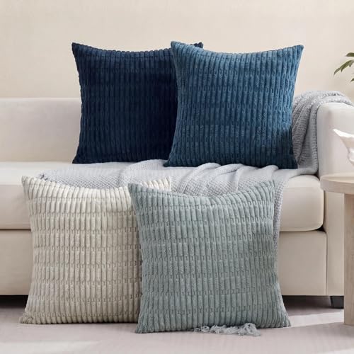 Pack of 4 Corduroy Decorative Throw Pillow Covers 16x16 Inch, Grey/Blue | Soft Striped Farmhouse Boho Modern Home Decor Throw Pillow Covers for Couch Sofa Bedroom Living Room - color: Grey/Blue, size: 16" x 16" (Pack of 4)