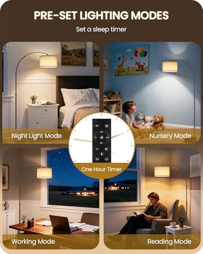 75" Arc Floor Lamp with Marble Base and Adjustable Height, Rotating Hanging Shade, Dimmable Floor Lamp for Living Room with Remote and Foot Switch, 3CCT, Over Couch Arched Reading Light E15LD05 - color: Black + Beige