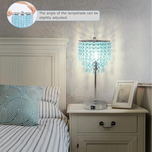 Touch Control Crystal Table Lamp, 3-Way Dimmable Lamp with USB A+C Ports | Nightstand Touch Lamp for Bedroom, Silver with Teal Crystal Shade, Bedside Lamp for Living Room, Girl Room, LED Bulb Included - color: Light Teal