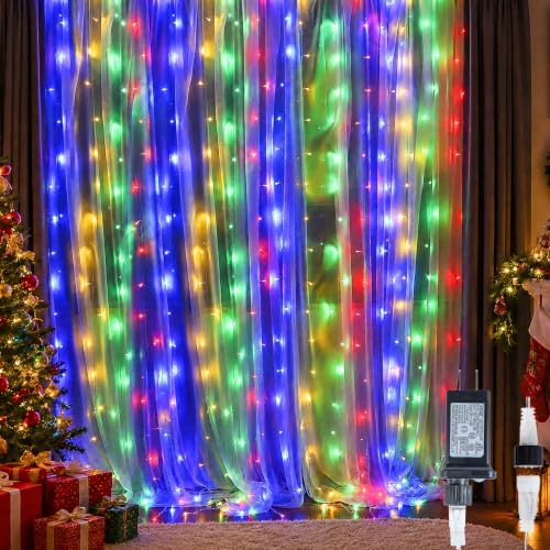 HEYFUNi Fairy Curtain Lights Plug in, 304 LED 9.8FT x 9.8FT 30V Multicolor | 8 Modes Backdrop Window Lights with Memory, Waterfall lights for Bedroom, Home, Wedding, Christmas, Party, Patio, Dorm Decor - color: Multicolor, size: 9.8ft*9.8ft