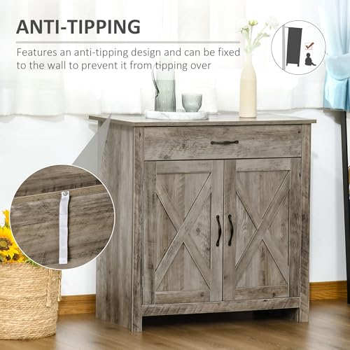 HOMCOM Farmhouse Sideboard Buffet Cabinet Barn Door Gray | Coffee Bar Cabinet, Drawer, Adjustable Shelf, Kitchen, Living Room, Entryway - color: Grey