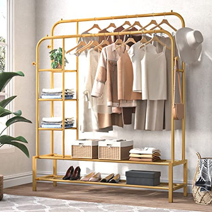 JOISCOPE Double Rods Portable Garment Rack for Hanging clothes, 49.4 * 64.5 Inch Metal Clothing Rack with Bottom Shelves and 4 Hooks,Freestanding Clothes Rack for Bedroom,Space Saving, Gold