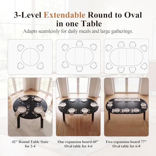 HNY Extendable Dining Table Round to Oval for 4-8, 42"-77" Oak Veneer Kitchen Table with Sturdy Legs, Modern Farmhouse Expandable Dining Room Table for Family Gatherings & Small Apartments, Black - color: Black