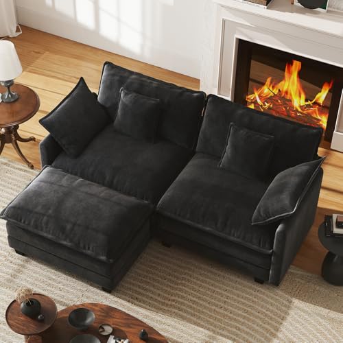 77" L Shape Cloud Sofa, Modular Sectional Couch with Ottoman, Comfy Chenille Deep Seat Loveseat with Pillow for Living Room Bedroom Apartment (Black) - color: Black, size: 77" L Sofa