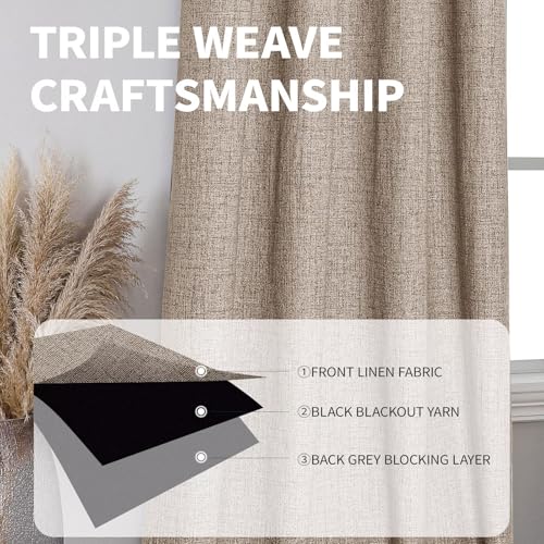 CUCRAF 100% Blackout Window Curtains 72 inches Long 2 Panels Set, Faux Linen Look Thermal Insulated Grommet Drapes, Room Darkening Curtain for Bedroom Living Room(W52 x L72 Inch, Light Khaki) - color: Light Khaki, size: 52"W x 72"L (Pack of 2)
