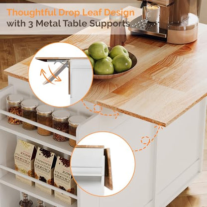 VINGLI Fluted Large Kitchen Island Cart with 2 Draws & 4 Doors, White | Drop-leaf Toptable, Adjuestable Shelves, Towel Bar, 3-tier Side Storage Rack, 360° Rolling Design - size: 32.7"