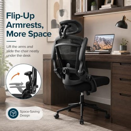 Ergonomic Office Chair, Home Office Desk Chairs with Adjustable Lumbar Support and Headrest, High Back Mesh Computer Desk Chair with 3D Flip-up Armrests & 360° Swivel Wheels, 275 LBS - color: Black With Lumbar Support