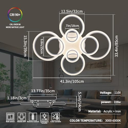 Shine LUEST Modern LED Ceiling Light, Dimmable LED Chandelier Flush Mount Ceiling Lights, Remote Control Acrylic Ring Ceiling Lamp Fixture for Living Room Dining Room Bedroom (White, 8 Rings) - color: White, 8 Rings