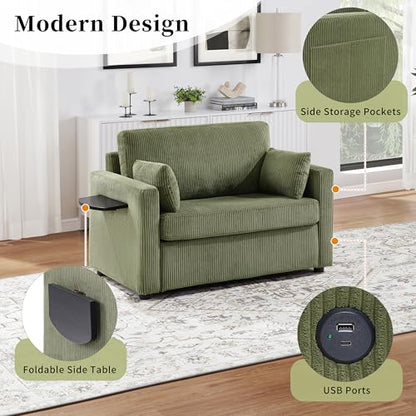 Twin Sofa Bed 47.2" Sleeper Loveseat with USB Ports, Green | Space-saving guest room furniture, compact footprint, built-in charging, handy side pocket, easy pull-out design - color: Green