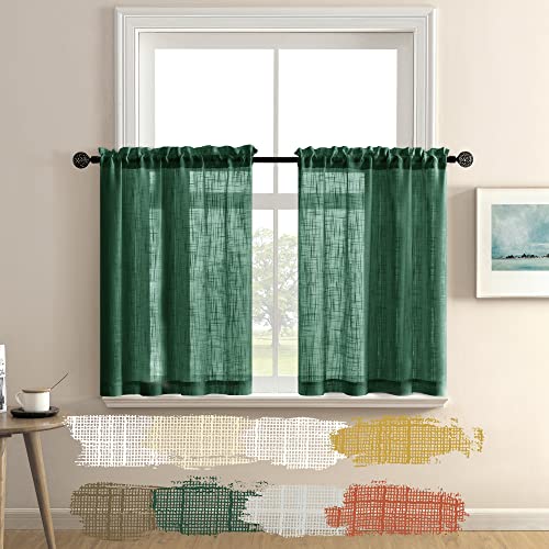 Hunter Green Kitchen Curtains Christmas Decorations Room Decor Short Bathroom Semi Sheer Linen Cafe Tier Dark Emerald Green Curtains for Bedroom Small Window Treatments Sets 2 Pack 24 Length Evergreen - color: Dark Green, size: 25"W x 24"L (Pack of 2)