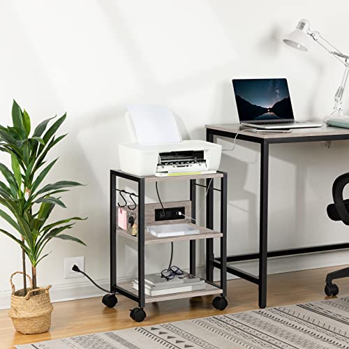 MAHANCRIS Industrial Printer Cart, 3-Tier Mobile Printer Stand, Rolling Cart with Power Outlets and USB Ports, Home Printer Stand with 2 Hooks, for Office, Living Room, Greige PTHG40E01 - color: Greige