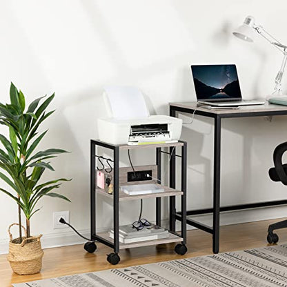 MAHANCRIS Industrial Printer Cart, 3-Tier Mobile Printer Stand, Rolling Cart with Power Outlets and USB Ports, Home Printer Stand with 2 Hooks, for Office, Living Room, Greige PTHG40E01 - color: Greige