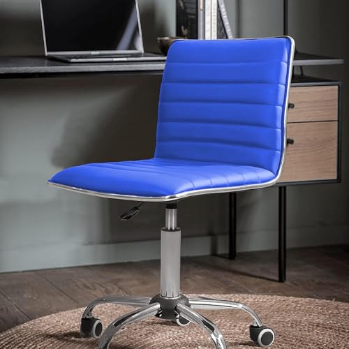 JUMMICO Armless Vanity Office Chair with Wheels, Small Cute Makeup Desk Chair Ribbed Leather Swivel Computer Task Chair (Blue) - color: Blue