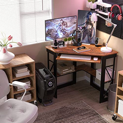 VECELO Corner Desk Computer Desk Writing Table with Smooth Keyboard Tray & Storage Shelves,Compact Home Office Triangle Table,Teak