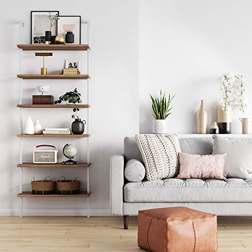 Nathan James Theo 6-Shelf Tall Bookcase, Wall Mount Bookshelf with Natural Wood Finish and Industrial Metal Frame, Rustic Oak/White - color: Oak/Matte White, size: 1