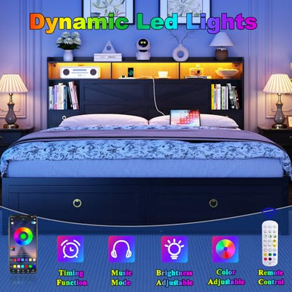 King Bed Frame with Storage Headboard, Farmhouse Platform Bed Frame with Bookshelf, Drawers, LED Lights and Charging Station, Metal Slats Support, Noise Free, No Box Spring Needed, Black - size: King