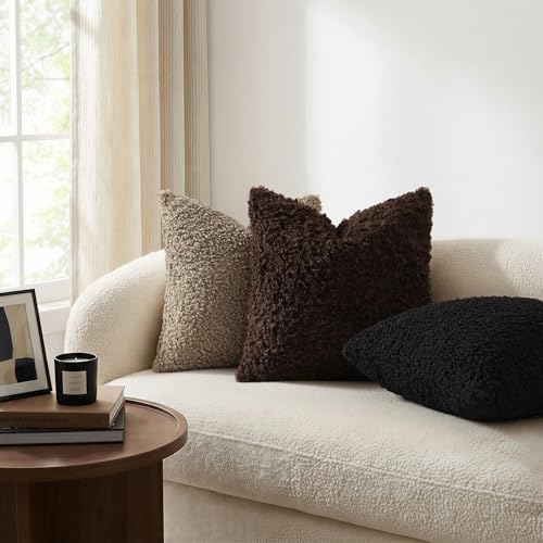 decorUhome Sherpa Decorative Throw Pillow Covers 20x20 Set of 2 Chocolate | Soft Fuzzy Texture, Heart-Shaped Zipper, Cozy Square Accent Pillow Covers for Sofa Couch Living Room Bedroom, Neutral Style - color: Chocolate, size: 20" x 20" (Pack of 2)