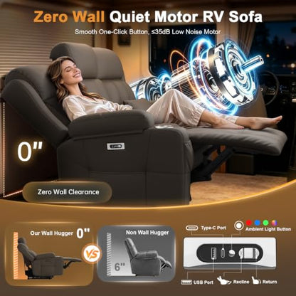Home Theater Seating, Power Loveseat Recliner Sofa with Massage & Heat | Wall Hugger Reclining Loveseat with USB, RV Couch with LED Lights, Flip Backrest, Cup Holders for Movie Theater, Gaming Room - color: Pebbled Khaki Brown, size: 72" - 2 Seats