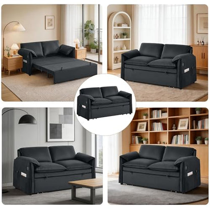 63" 3-in-1 Velvet Convertible Sleeper Sofa Bed, Modern Adjustable Backrest Loveseat Pull Out Couch with USB & Side Pocket, Small Space Love Seat Sofa Bed for Living Room, Bedroom, Dark Grey Velvet - color: Dark Grey