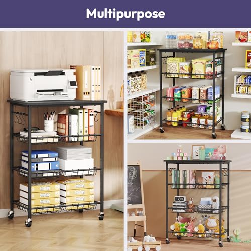 SWTYMIKI 24.4''x15.7'' Rolling Microwave Cart - 4 Tier Microwave Table Stand with 6 Storage Baskets, Coffee Bar with Wheels, Kitchen Utility Cart Shelf Rack Organizer for Vegetables, Potato, Black - color: Black