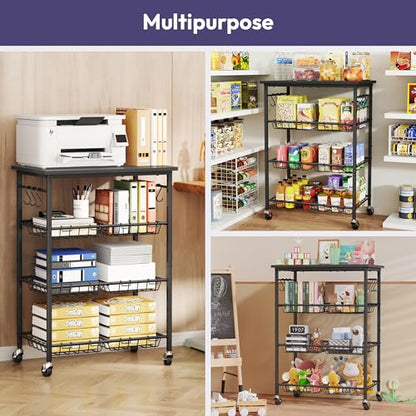 SWTYMIKI 24.4''x15.7'' Rolling Microwave Cart - 4 Tier Microwave Table Stand with 6 Storage Baskets, Coffee Bar with Wheels, Kitchen Utility Cart Shelf Rack Organizer for Vegetables, Potato, Black - color: Black